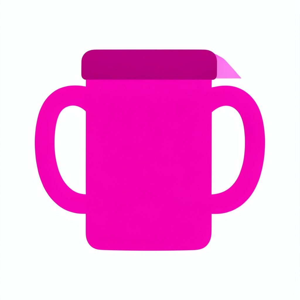 Flat vector illustration of a colorful mug printed with a playful collage pattern, rendered in bright pink, purple, and gold tones with a whimsical mood